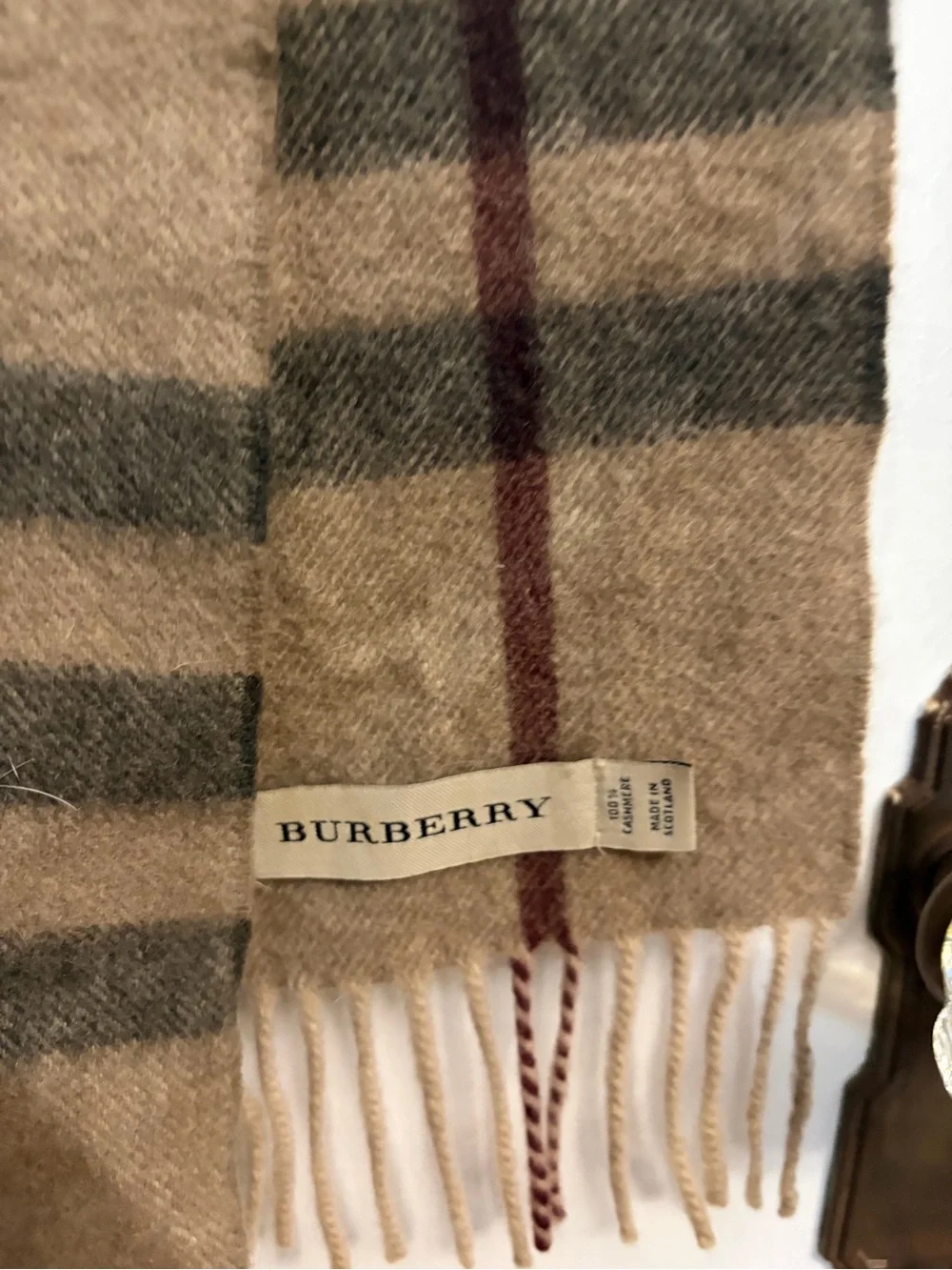 Burberry Tan Plaid Men's Scarf with Black and Red Accents